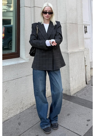 Antrasit Kareli Kadın Blazer Ceket Mg2624 Antrasit