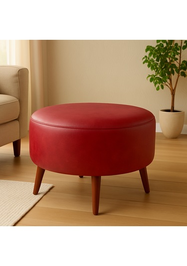 Large Büyük Yuvarlak Modern Puf - 60 Cm - Deri Kumaş - Kırmızı
