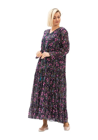 Uzun Kol Vual Gonca Uzun Elbise Tomurcuk Desen Koyu Mor 6169-koyu Mor