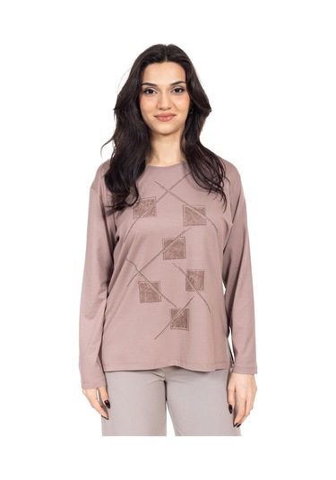 Yeni Sezon Kadın Orta Yaş Ve Üzeri Viskoz Lazer Baskı İşlemeli Lüks Anne Penye Bluz 23350-vizon