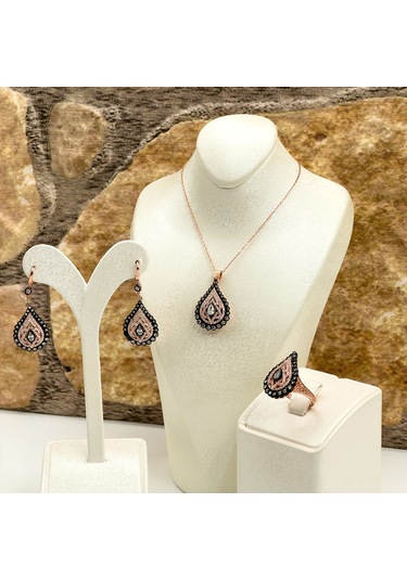 Elmas Montür Rosegold Damla Gümüş Set Takım - Lvrset08 Rose Gold