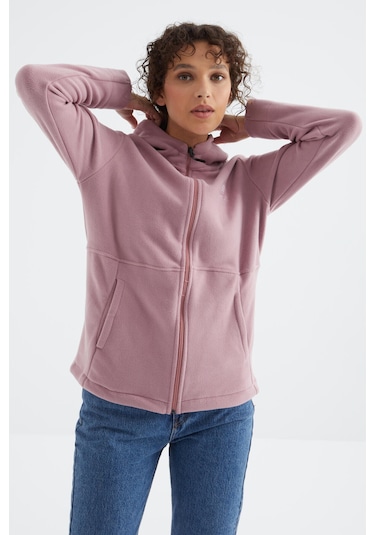 Tommy Life Gül Kurusu Kapüşonlu Fermuarlı Rahat Form Kadın Polar Sweatshirt - 97233 Gülkurusu