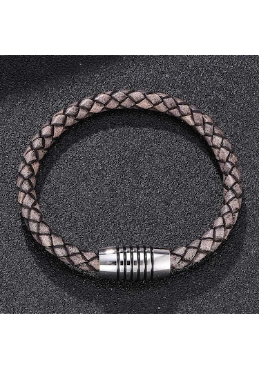 Vintage Hakiki Deri Bileklikler Erkekler Charm Manyetik Paslanmaz Çelik Toka Bilezikler Ve Bileklikler Hediye Bb0243 Gri