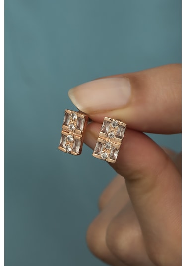 Rose Kaplama Baget Taşlı Çivili Kadın Küpe Rose Gold