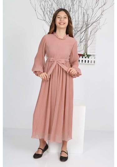 Kız Çocuk Uzun Boydan Pliseli Şifon Elbise Pudra