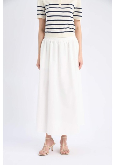 DeFacto A Kesim Normal Bel Yarım Astar Poplin Midi Etek E8700AX25SPWT32 Beyaz