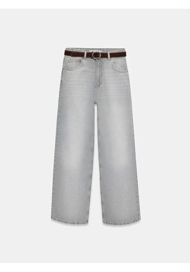 Dilvin 72288 %100 Pamuk Kemerli Wide Leg Jean-gri Gri