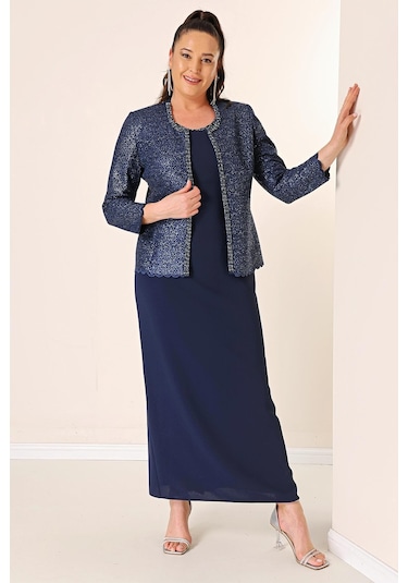 Yaka Taşlı Astarlı Uzun Krep Elbise Pullu Ceket Büyük Beden 2'li Takım-34881-lacivert Lacivert