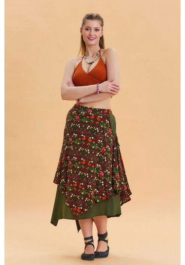 Bağlama Detaylı Beli Lastikli Salaş Etek Yeşil