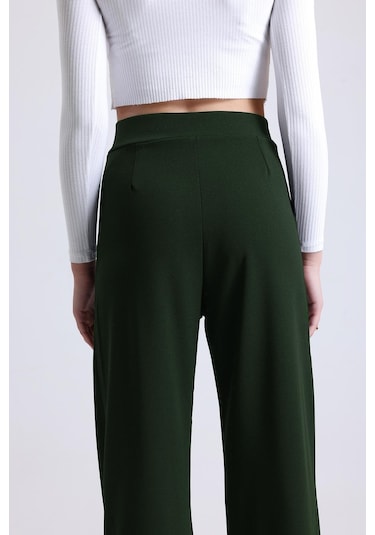 Kadın Wide Leg Likralı Cırt Kapamalı Lastikli Palazzo Pantolon - Haki