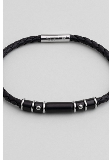Örgü Detaylı Vegan Deri Erkek Çelik Bileklik Siyah