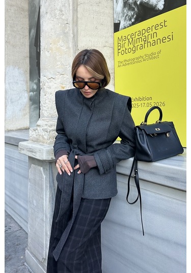 Antrasit Vatkalı Kuşaklı Kaşe Ceket - 1001 Antrasit