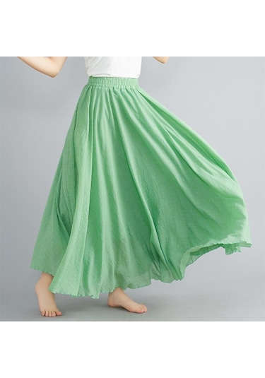 Yaz Sonbahar Kadın Etek Edebi Büyük Boy Pamuk Keten Yarım Etek Elastik Bel Keten A-line Etek Uzun Bölüm Saf Renk Rüzgar Salıncak Etek Ordu Yeşili Haki