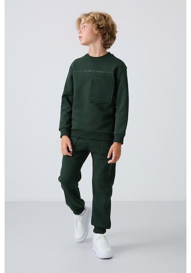 Çam Yeşil Pamuklu Kalın İçi Tüylü Yumuşak Dokulu Standart Fit Baskılı Erkek Çocuk Eşofman Takım - 1 Yeşil