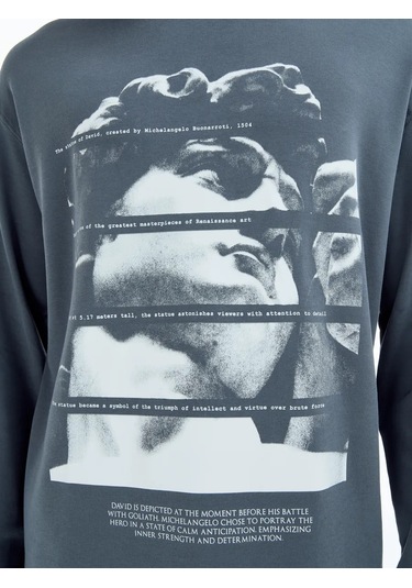 Tvoe Antik Heykel Baskılı Oversize Uzun Kollu Erkek Tişört 479789516 Koyu Gri