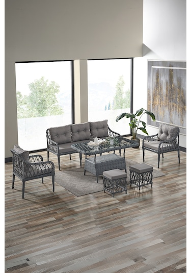 Joy Rattan Puflu Bahçe Balkon Takımı 3+1+1+ Camlı Masa Gri Gri