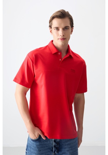 Tommy Life Fiesta Pamuklu Kalın Yumuşak Dokulu Polo Yaka Oversize Fit Basic Erkek T- Shirt - 88382 Kirmizi