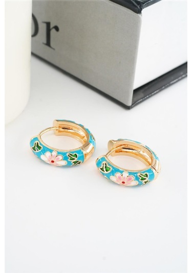 Kadın Özel Seri Mineli Çiçek Motifli Kararmaz 2 Cm Halka Küpe Seti - Mavi