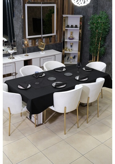 Dream 8 Parça Masa Örtüsü Seti Çeyiz Seti Salon Masa Örtüsü, Runner, 6'lı Peçete Siyah