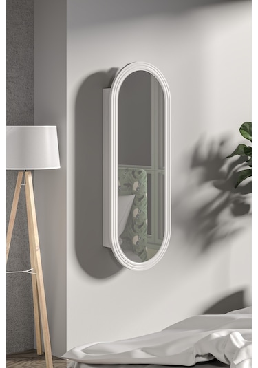 Çok Amaçlı Aynalı Takı Dolabı Mdf Kapak - Beyaz - Oval Çerçeve