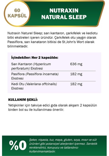 Nutraxin Naturel Sleep 60 Kapsül - Sarı Kantaron, Pasiflora, Kedi Otu
