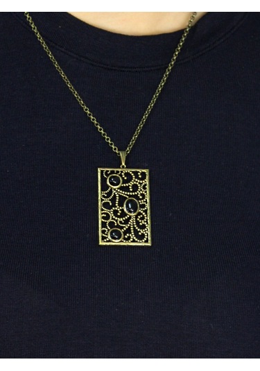 Doğal Taş Oniks 3'lü Doğal Taşlı Antik Kadın Kolye Euk45o Siyah