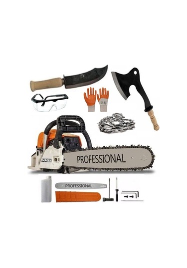 Mager Benzinli Ağaç Kesme Motoru Döküm Çelik Balta+çelik Dağcı Bıçağı+yedek Zincir+eldiven+gözlük