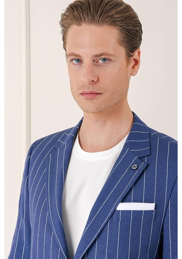 Comfort Fit Çift Yırtmaç İtalyan Çizgili Keten Casual İndigo Ceket C 671 Indıgo