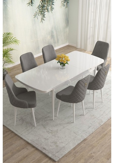 Meri Serisi Beyaz 80x132 Açılabilir Mdf Masa Yemek Odası Takımı, Mutfak Masa Takımı 6 Adet Sandalye Gri