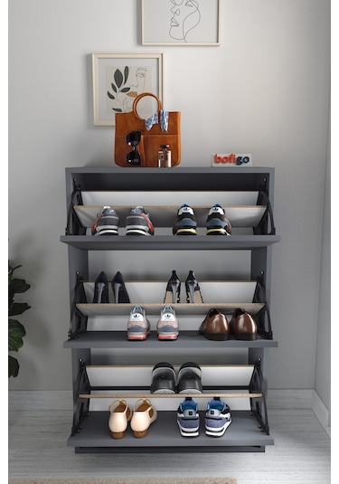 Bofigo Düşer Kapak Ayakkabılık Kayar Raflı Ayakkabılık 3 Bölmeli Ayakkabılık Melek Antrasit