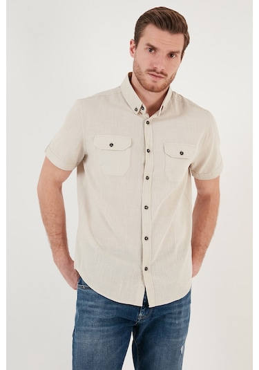 Buratti Düğmeli Yaka Pamuklu Slim Fit Cepli Erkek Gömlek Cf21S111153 Taş