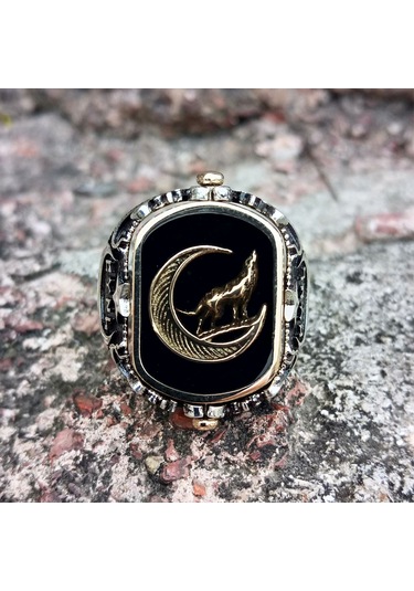 Fkgümüş Kırmızı Mineli Ay Yıldız Siyah Mineli Bozkurt Yüzük