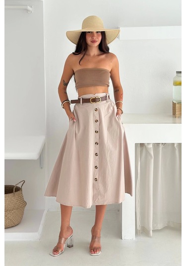 Kemerli Boydan Düğmeli Keten Etek Krem Krem