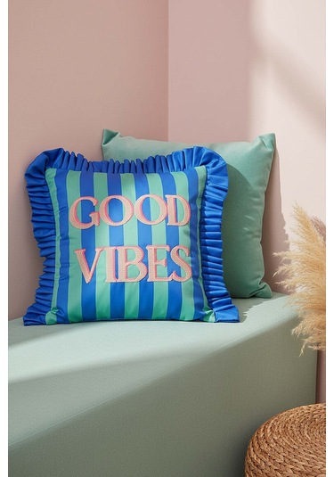 Good Vibes Fırfırlı Dekoratif Kırlent Kılıfı Mavi