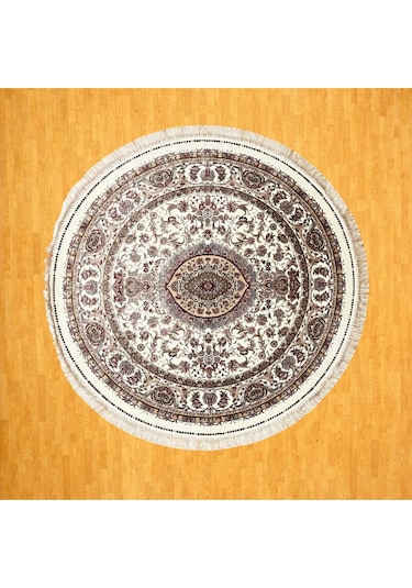 Çiçek Motifli 250 X 250 Yuvarlak İpek Halı Bej