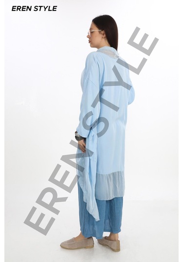 Italyan Ipek Detaylı Oversize Kaftan & Bluz-8711 Bebe Mavi