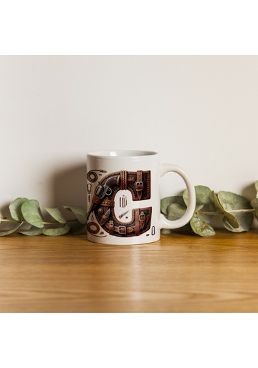 C Harfi Kovboy Temalı Bardak 330 Ml İsim / Harf Kişiye Özel Hediye - Vahşi Batı Konsept Beyaz