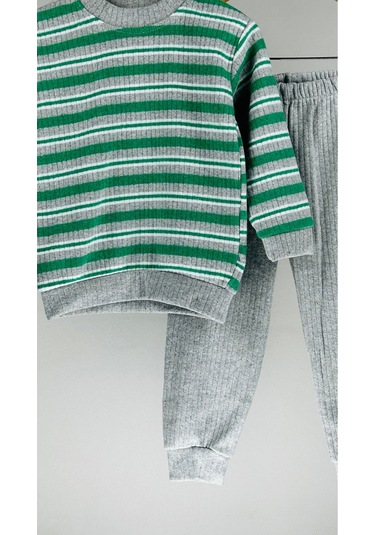 %100 Pamuklu Çizgili Uzun Kollu Kışlık Bebek Çocuk Takım 001