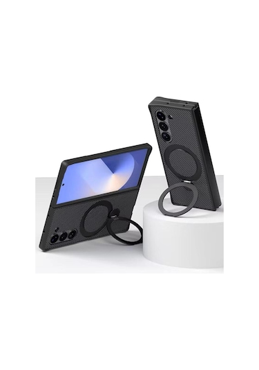Teleplus Samsung Galaxy Uyumlu Z Fold 6 Kılıf Karbon Fiber Magsafeli 360 Dönerli Standlı Alp Kapak