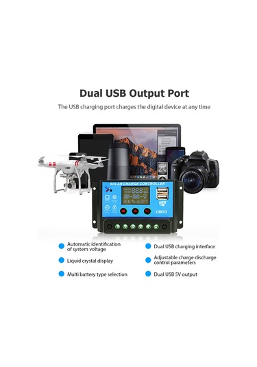 Konesam 12/24v Otomatik Algılama 10a Solar Kontrolörü - Lcd Ekranlı, Sıcaklık Tamiri, Çift Çıkışlı Şarj-deşarj Cihazı Cmtd-a2410