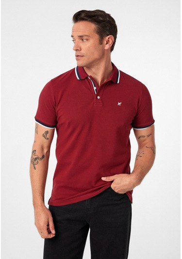 Javeir Erkek Regular Fit Çizgi Detaylı Polo Yaka T-shirt Bordo