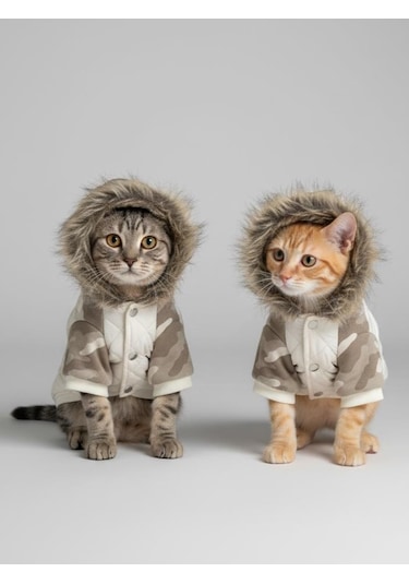 Kmauflaj Desenli Creamy Camo Kedi Montu Kışlık Ceket
