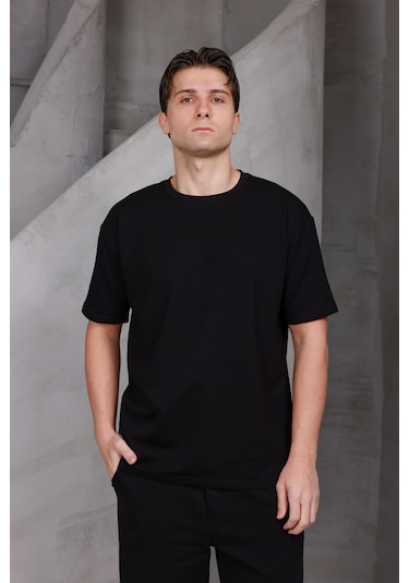 Erkek Basic Oversize Bisiklet Yaka 2 İki İplik Kompakt T-shirt Siyah
