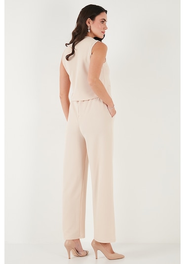 Lela Regular Fit Yüksek Bel Bol Paça V Yaka Yelekli Bayan Takım 5866199 Taş