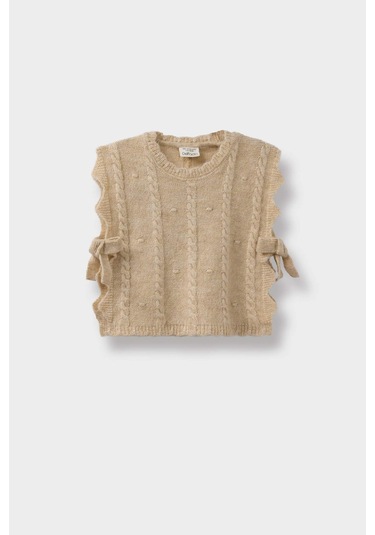 Defacto Kız Bebek Bisiklet Yaka Yandan Bağlamalı Triko Süveter C8086a525aubg287 Bej