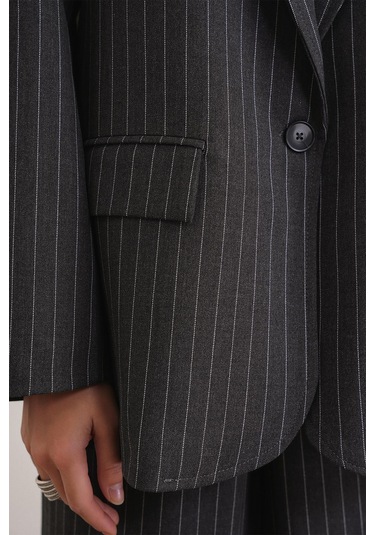4753 Kadın Çizgili Oversize Blazer Ceket Antrasit Antrasit