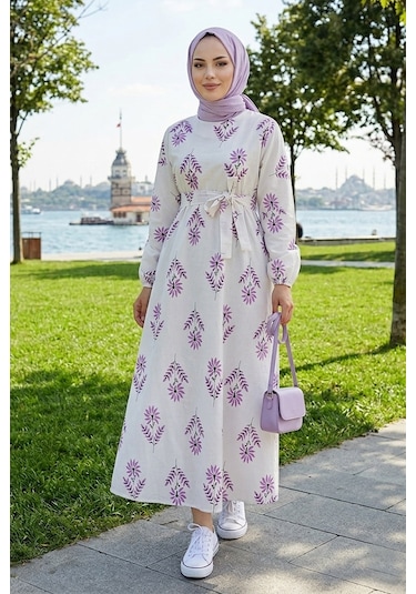 bestenur mayra desenli keten elbise 1717 lila 125462796