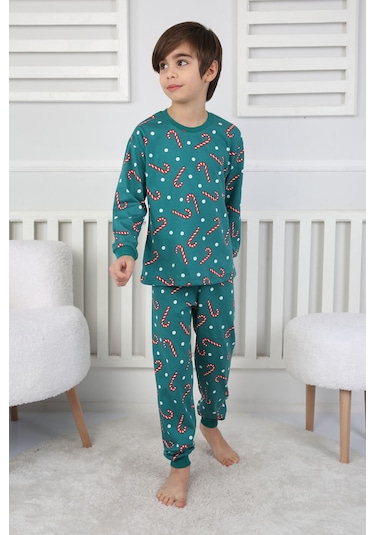 Zuzunga Yılbaşı Temalı Baston Şeker Desenli %100 Pamuk Unisex Pijama Takımı Yeşil1 Yeşil