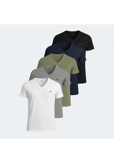 Slazenger SARGON 5 li Set Erkek  Beyaz - Siyah - Lacivert - Haki - Gri Tişört