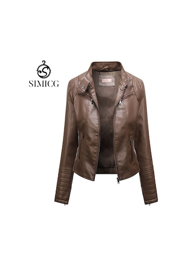 Kadın Deri Ceket İnce İlkbahar Ve Sonbahar Ceketi Kahverengi